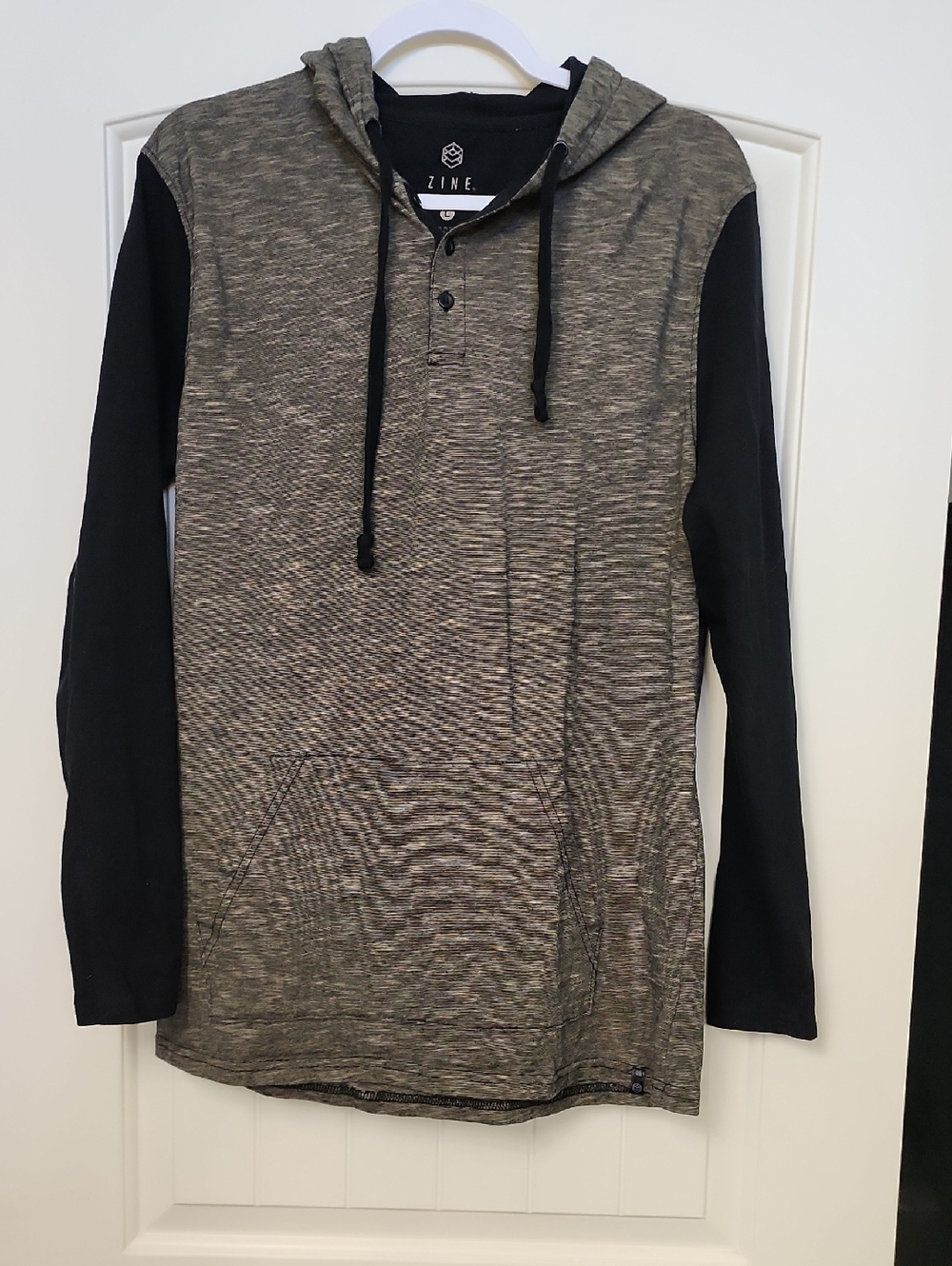 Zine Clothing Olive Heather Hooded Henley with Black Sleeves